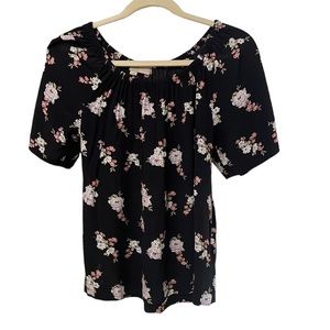Ann Taylor Loft Shirt Black Rose Floral Sz XS Round Neck Blouse Top Bell Sleeve